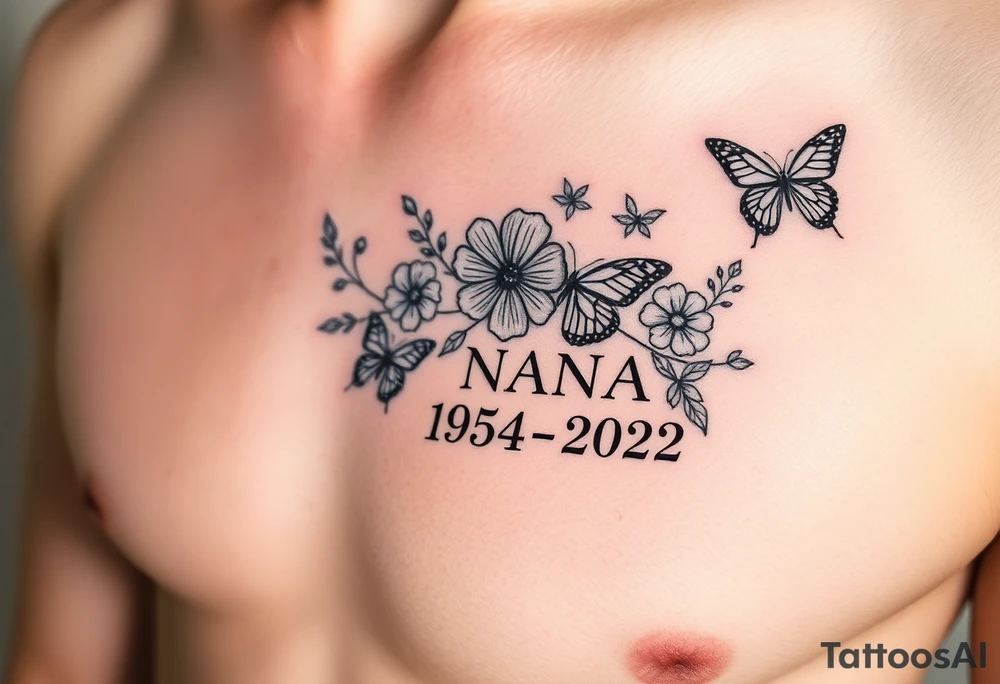 memorial tattoo with flowers and butterflies with the name “NANA” and the date “1954-2022” mixed all together on the side of the rib cage tattoo idea