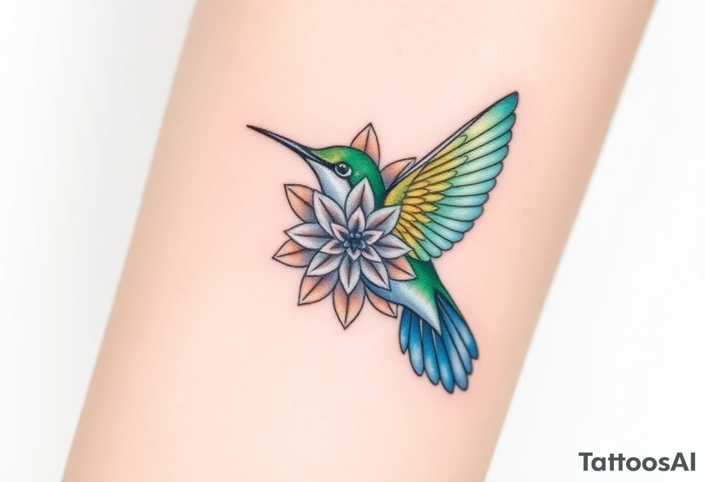 A hummingbird hovering near a Flower of Life, representing harmony and the energy of life. tattoo idea