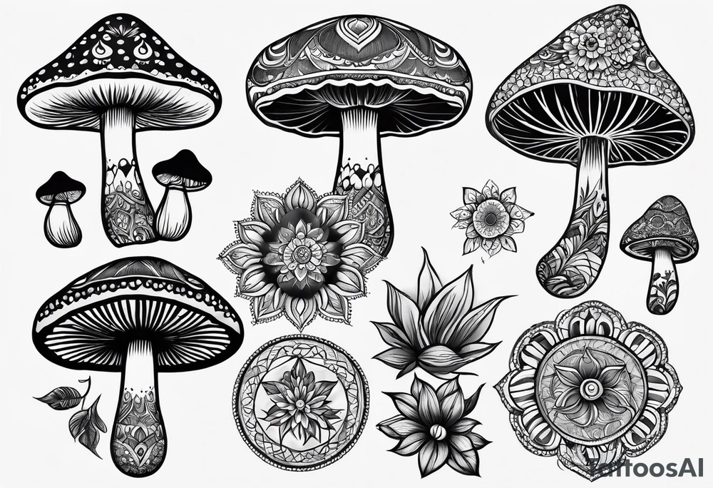 Black mushroom tattoo with henna style mandala design surrounding it tattoo idea