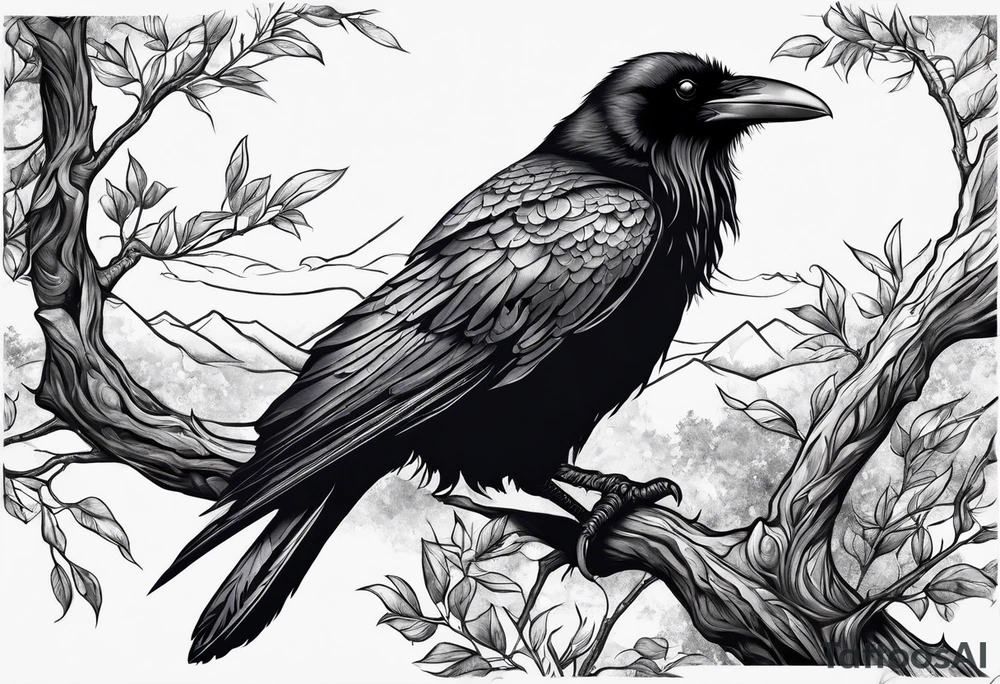 raven perched on branch tattoo idea