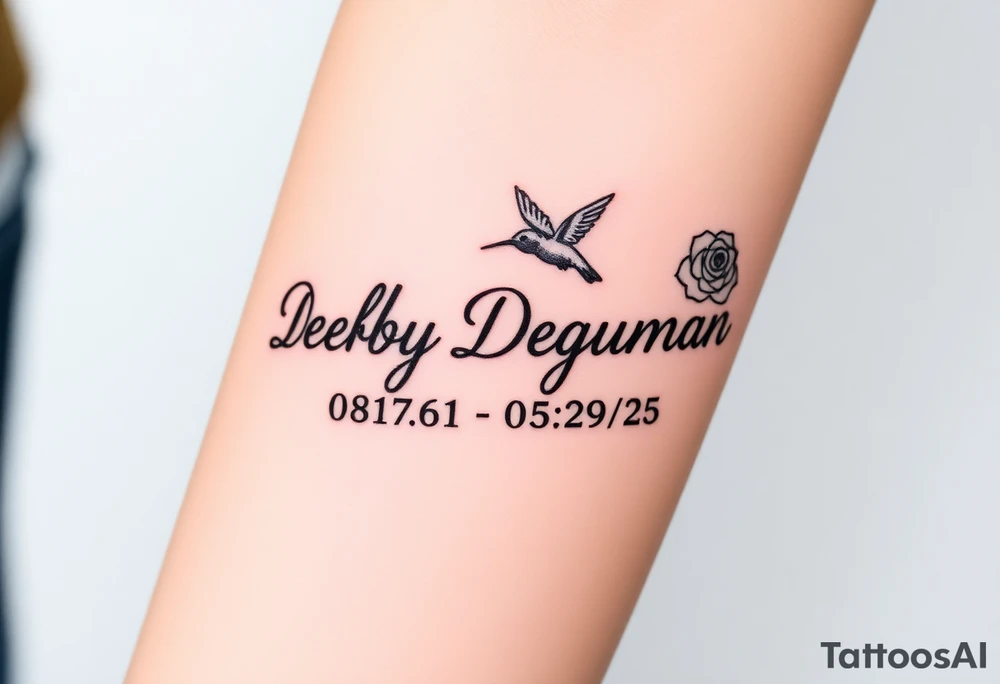 Tattoo of the exact name Debby Deguzman in chunky curly cursive with the exact dates of 08/17/61-05/29/25 surrounded by 1 hummingbird and 1 rose tattoo idea