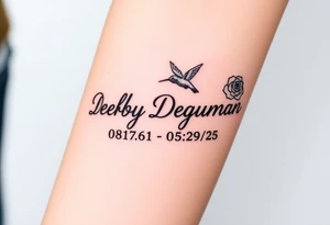 Tattoo of the exact name Debby Deguzman in chunky curly cursive with the exact dates of 08/17/61-05/29/25 surrounded by 1 hummingbird and 1 rose tattoo idea