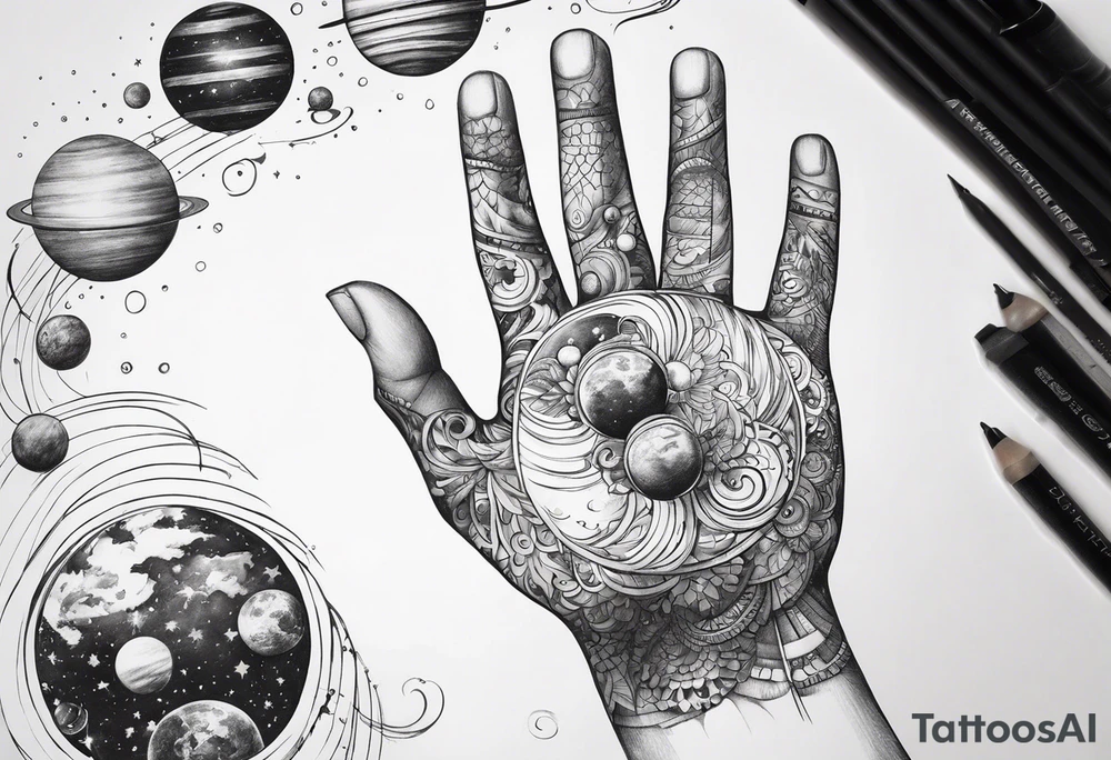 Human hand dangling planets from fingertips tattoo idea