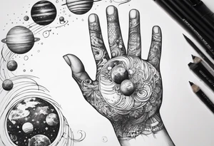 Human hand dangling planets from fingertips tattoo idea