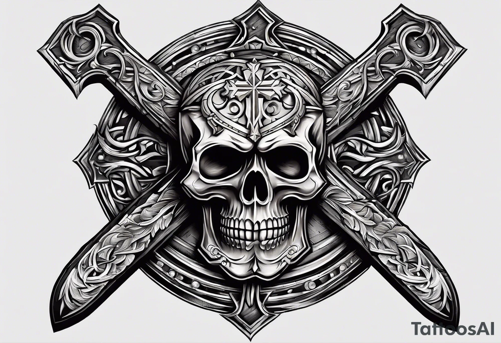 large wooden cross with a cross cut saw and double bitted axe crossed over it tattoo idea