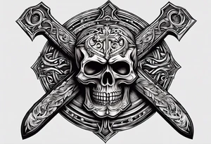large wooden cross with a cross cut saw and double bitted axe crossed over it tattoo idea