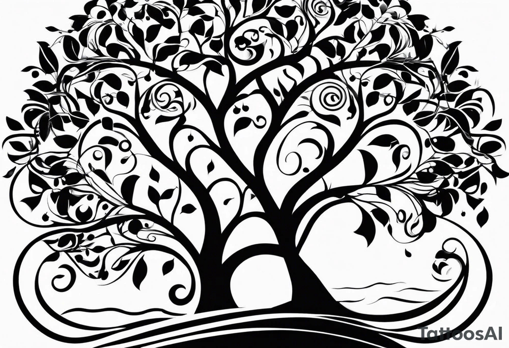 A tattoo design that incorporates the following elements: an abstract tree of life that has roots emerging  from the ground. Waves of water wrap around the tree in a non symmetrical design.  Incorporate musical notes into the tree. the letters U and A are overlapping and engraved into the tree. A golf flag incorporated but not prominent tattoo idea