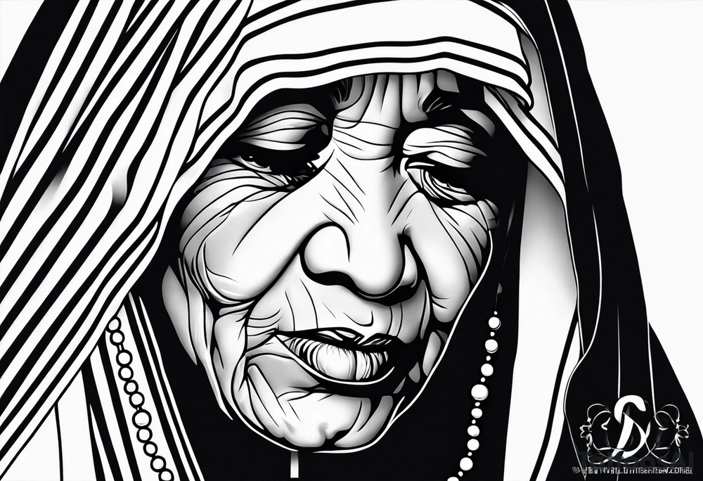 Mother Theresa looking down with black tears and rosary young version tattoo idea