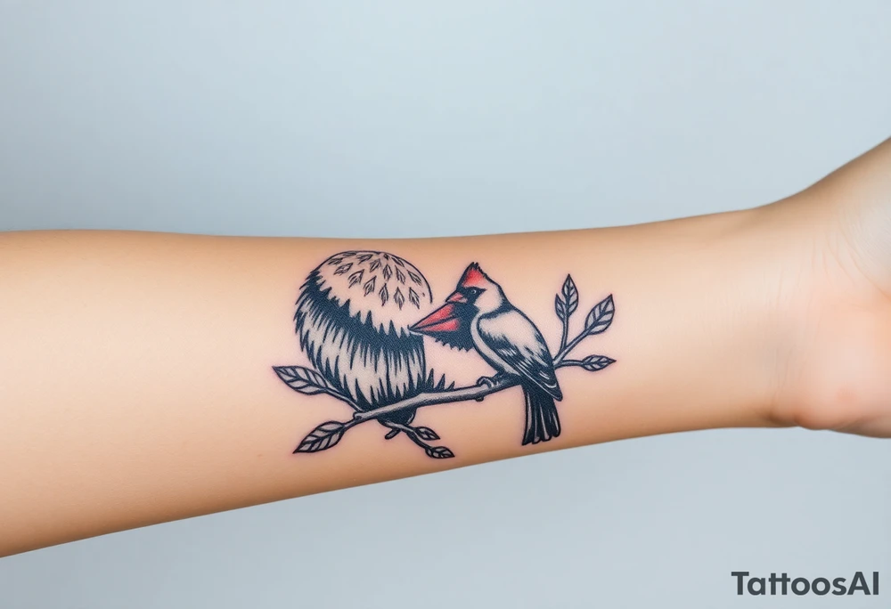 Realistic Woodland with a bear, woodpecker and cardinal tattoo idea