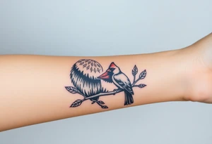 Realistic Woodland with a bear, woodpecker and cardinal tattoo idea