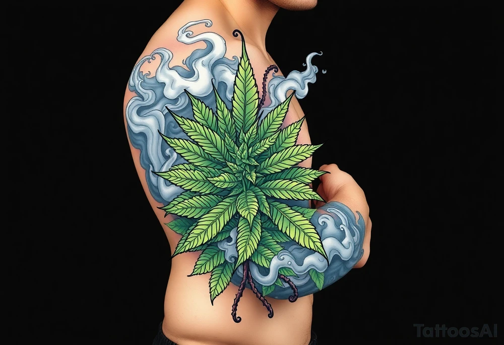 Massive weed plant surrounded by smoke tattoo idea