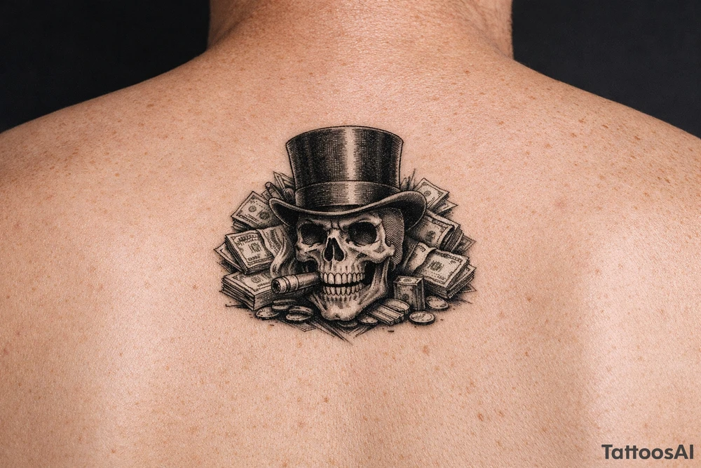skull with cigar in mouth,top-hat,surrounded by money. tattoo idea