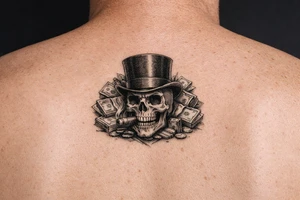 skull with cigar in mouth,top-hat,surrounded by money. tattoo idea