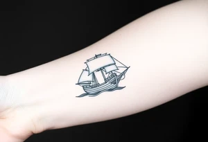 bland and white detailed linework drawing of Spaniard ship sailing for forearm tattoo idea