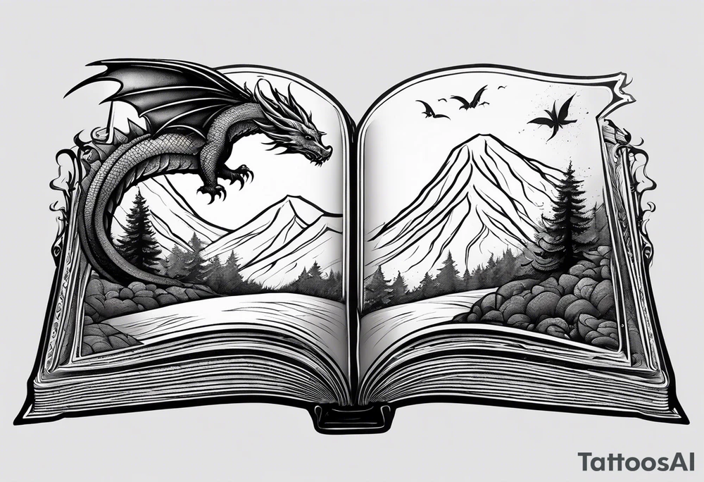 A large open book fluttering pages. a tiny dragon with scales and four legs flying high in the sky. three mountains magic tattoo idea