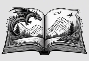 A large open book fluttering pages. a tiny dragon with scales and four legs flying high in the sky. three mountains magic tattoo idea