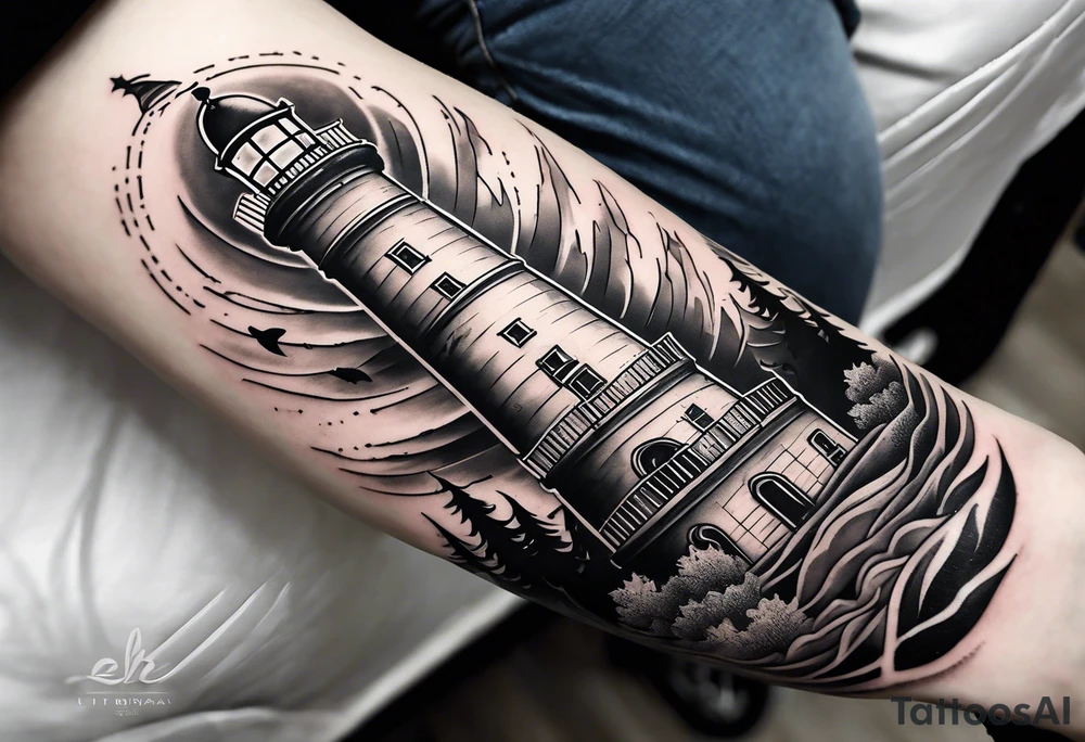 An open book with a lighthouse in the middle and a compass to wrap around forearm tattoo idea