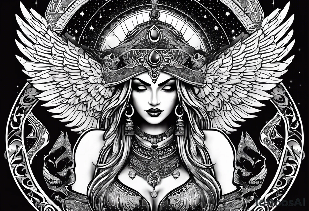 black kali, goddess pirate, alien, angel, pachamama, valkrye, warrior, flying, skull, lotus azul, wing, eagle, zenza resonance, stars, 5D, anahata chakra tattoo idea