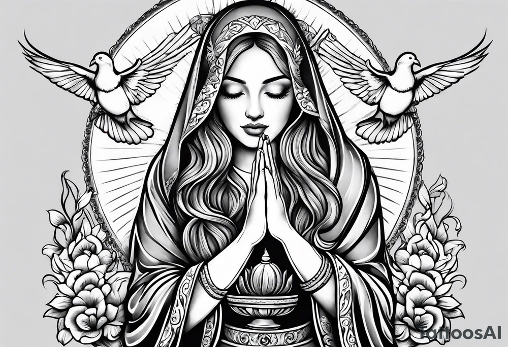 Woman praying hands with doves, full sleeve tattoo idea