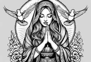 Woman praying hands with doves, full sleeve tattoo idea