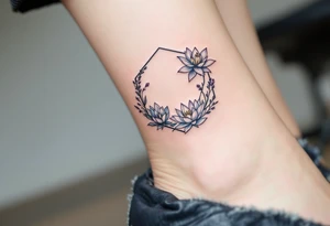 Leo sign, larkspur and water lily surrounded by a hexagon tattoo idea