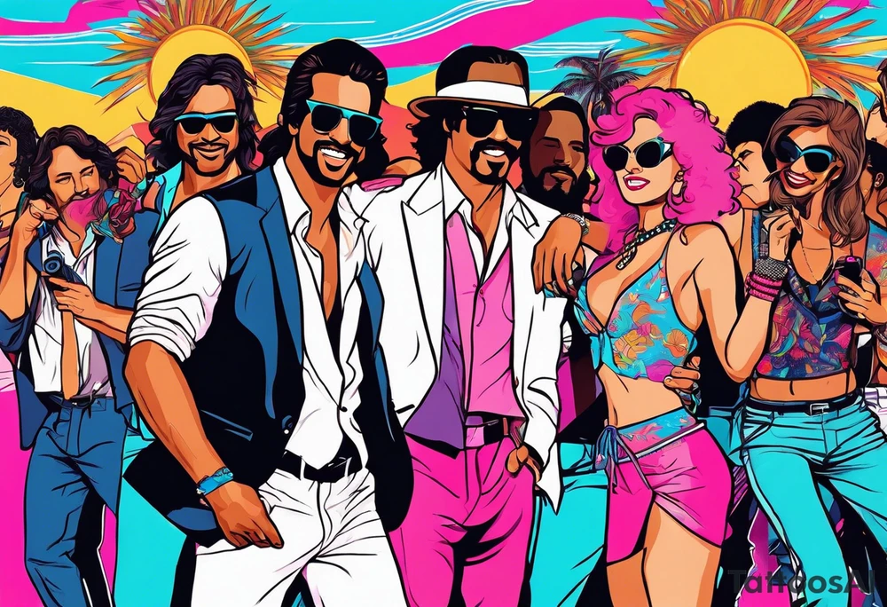 1980's miami vice style beach dance 
party, include confetti, music notes, boom box tattoo idea