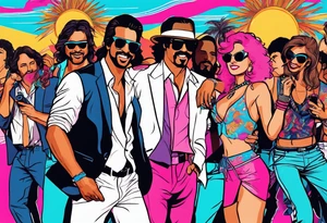 1980's miami vice style beach dance 
party, include confetti, music notes, boom box tattoo idea
