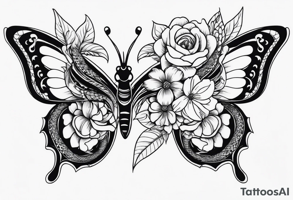 Butterflies with flowers & snake tattoo idea