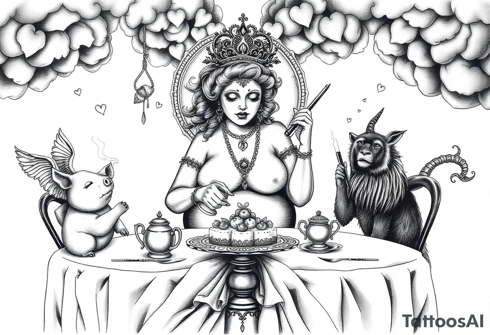Storm clouds naked fat lady having a tea party with tea pots and 
with a pig, peacock, noose, lion, goat, smoking cigerettes looking in the mirror having sex with a man eating a cake thru storm clouds with knife and broken hearts and darkness and wrath, envy , gluttony, greed, sloth, pride kill tattoo idea