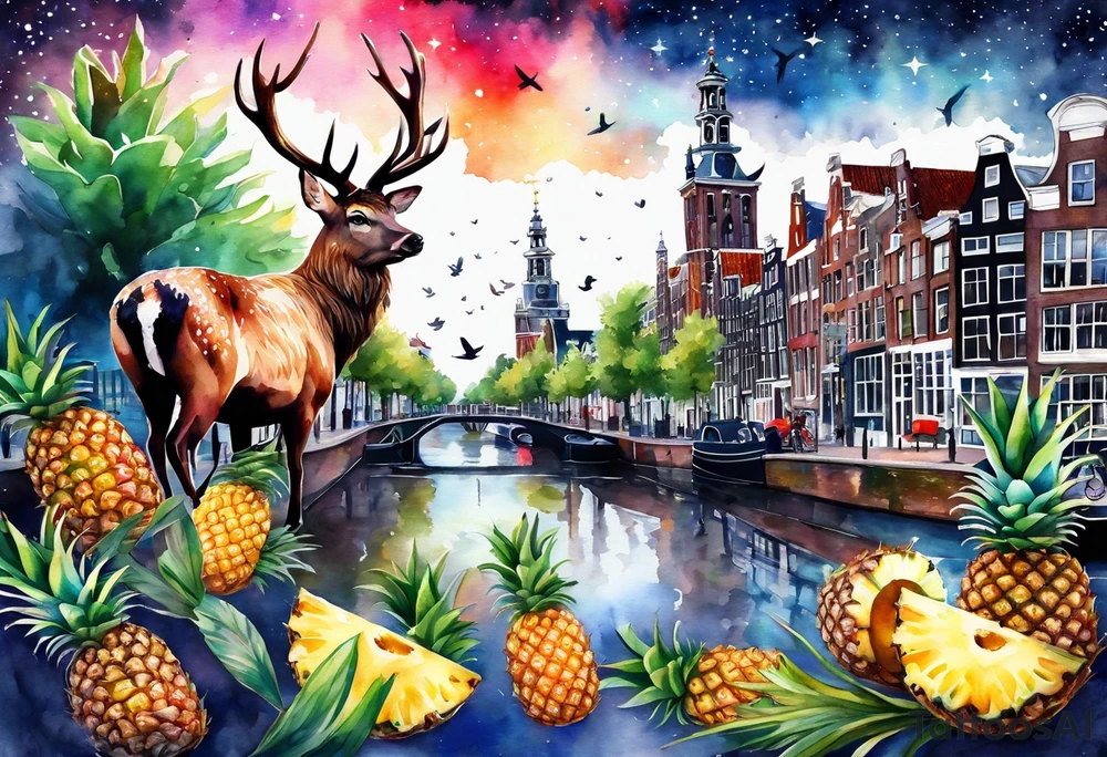 Stag, watercolour, birds, Amsterdam canal, Animals, amsterdam, pineapples, space, galaxy, Amsterdam canal, pineapple stag tattoo idea