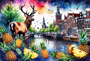 Stag, watercolour, birds, Amsterdam canal, Animals, amsterdam, pineapples, space, galaxy, Amsterdam canal, pineapple stag tattoo idea
