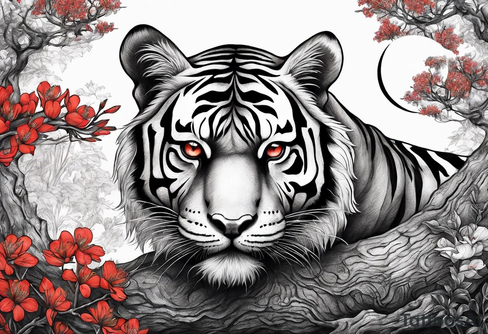 Tiger lies of branch of a tree that has little red flowers. There is raven on the tiger’s head. And the red crescent moon behind. tattoo idea