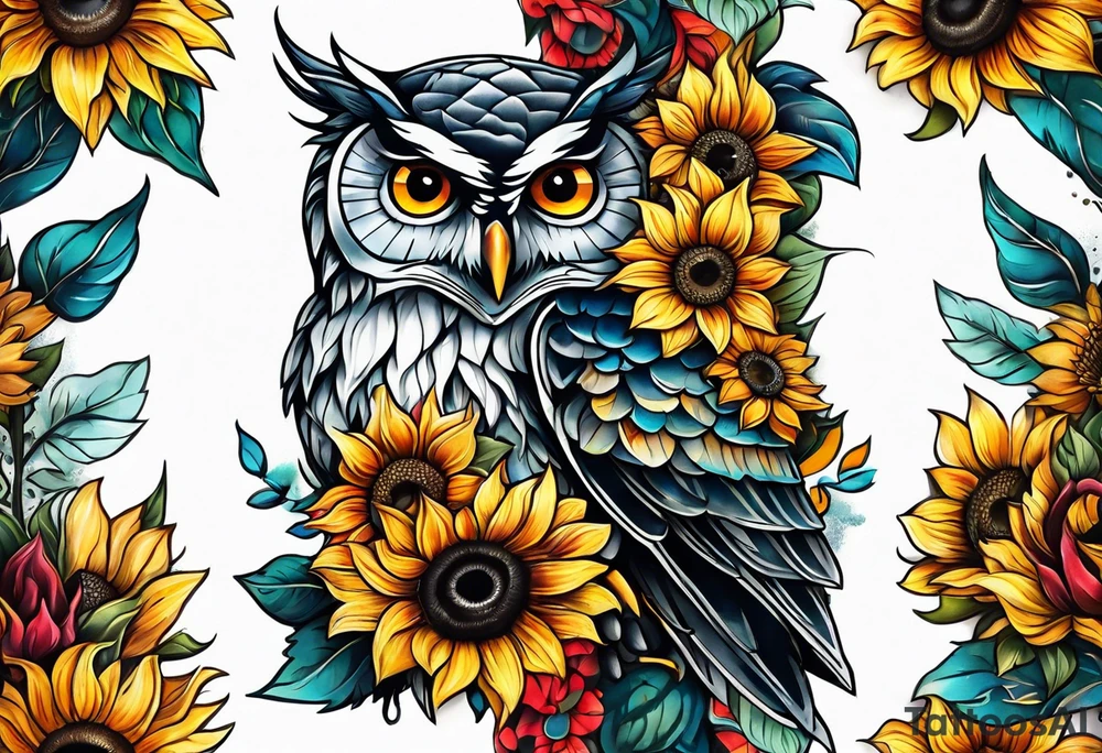 Leg sleeve with colorful sunflowers and an owl tattoo idea