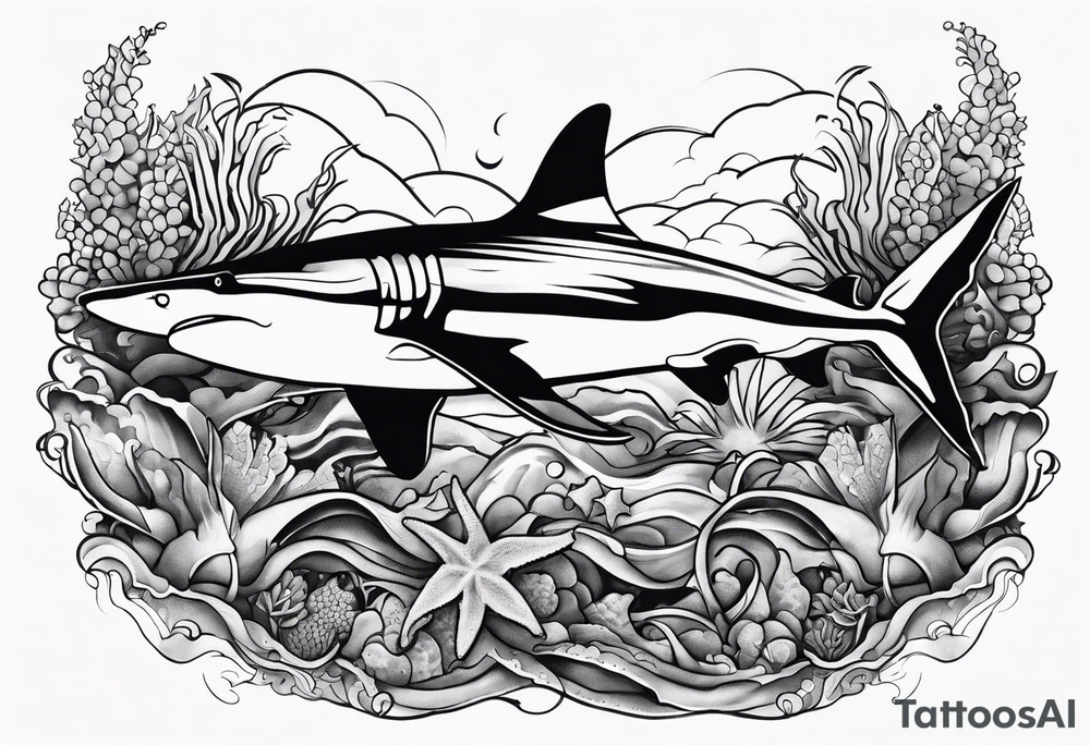 aerial view of a black tipped reef shark tattoo idea