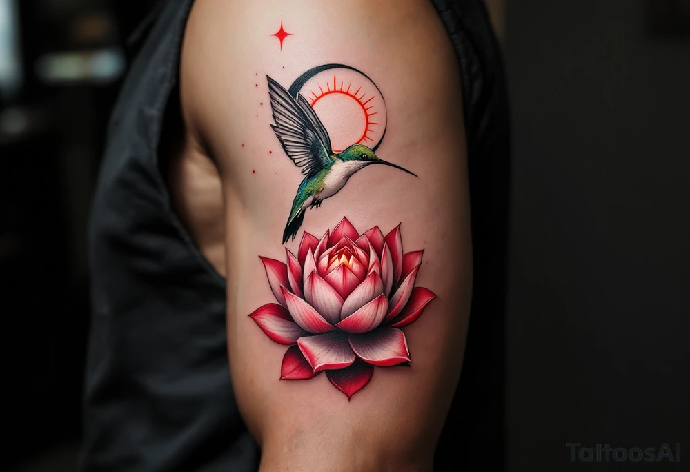 A hummingbird drinking from a lotus flower with one wing made of light (sun disc) and the other made of shadow (crescent moon) (red and black only) tattoo idea