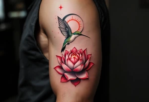 A hummingbird drinking from a lotus flower with one wing made of light (sun disc) and the other made of shadow (crescent moon) (red and black only) tattoo idea