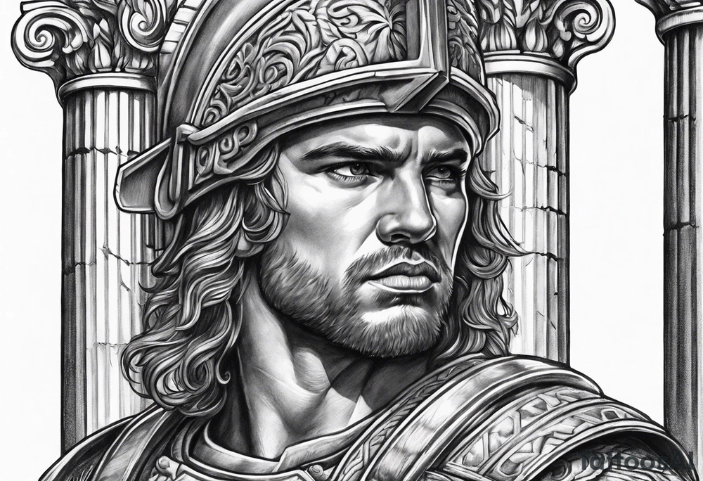 Roman solider looknig at pillars in background tattoo idea