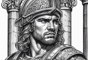Roman solider looknig at pillars in background tattoo idea