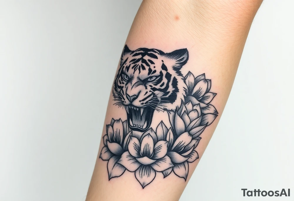fierce tiger emerging through blooming lotus flowers in mist tattoo idea