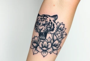 fierce tiger emerging through blooming lotus flowers in mist tattoo idea
