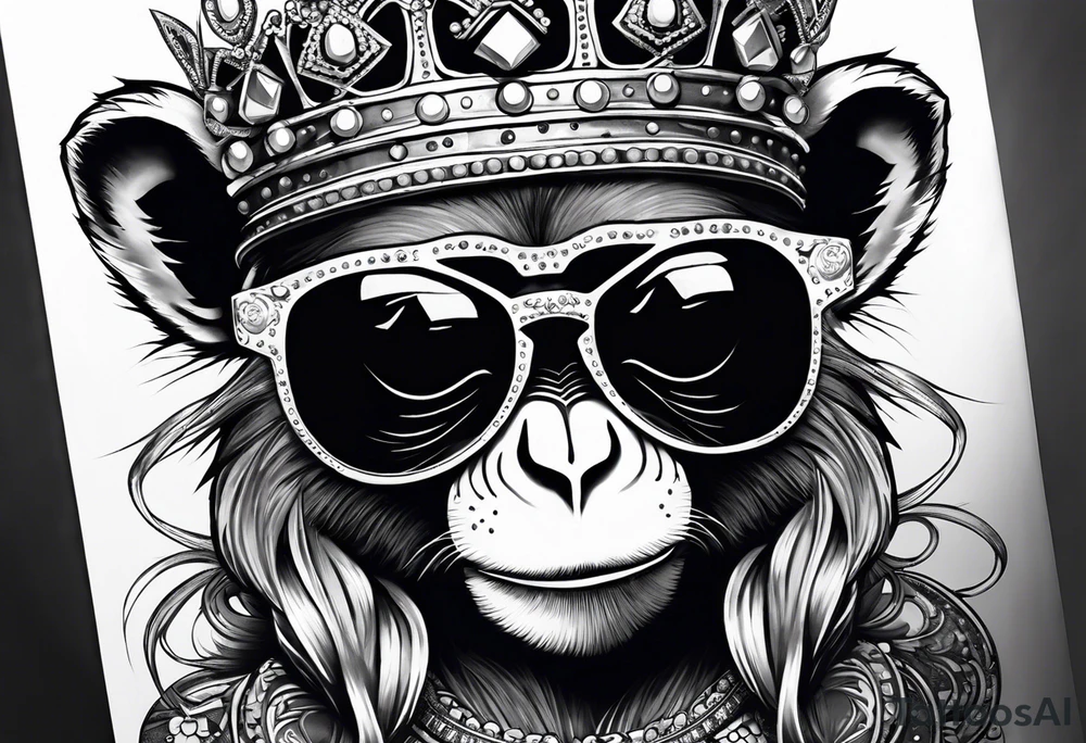 A cool free spirit female monkey with a princess crown pigtails and shades tattoo idea
