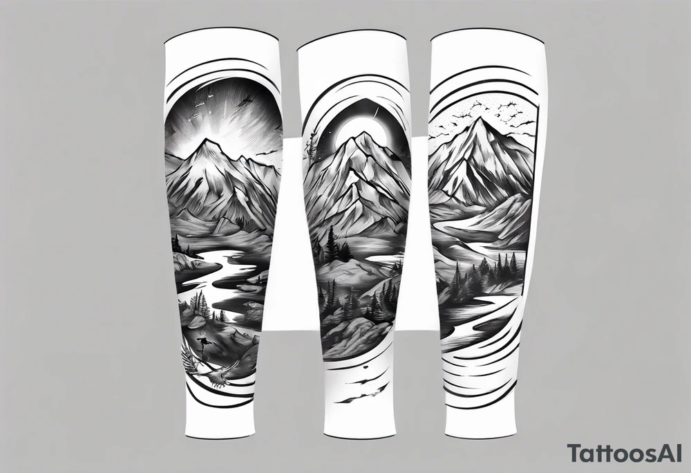 men’s arm sleeve, the name Peters, mountains tattoo idea