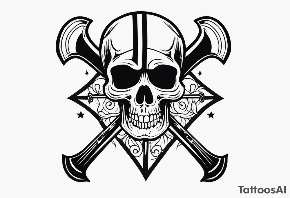 Design a line work tattoo with a 21, Hooligan bar and an Axe in the style of a skull and cross bones with the 21 as the skull tattoo idea