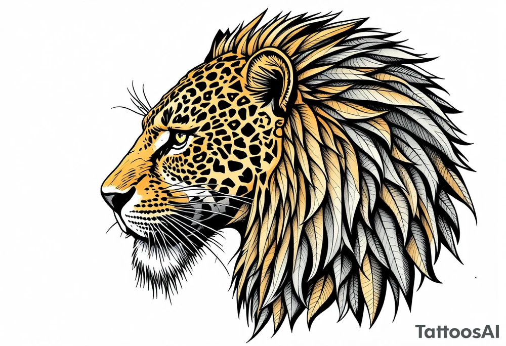 a mix the nemean lion, ancient Egyptian and roman royalty, and a leopard, combined with the sun and French pattern, facing left in profile tattoo idea