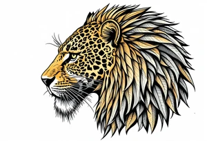 a mix the nemean lion, ancient Egyptian and roman royalty, and a leopard, combined with the sun and French pattern, facing left in profile tattoo idea