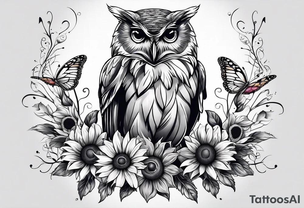An owl with a Butterfly sitting on a sunflower i tattoo idea