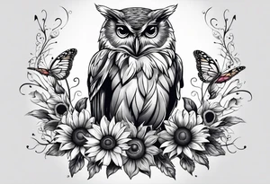 An owl with a Butterfly sitting on a sunflower i tattoo idea