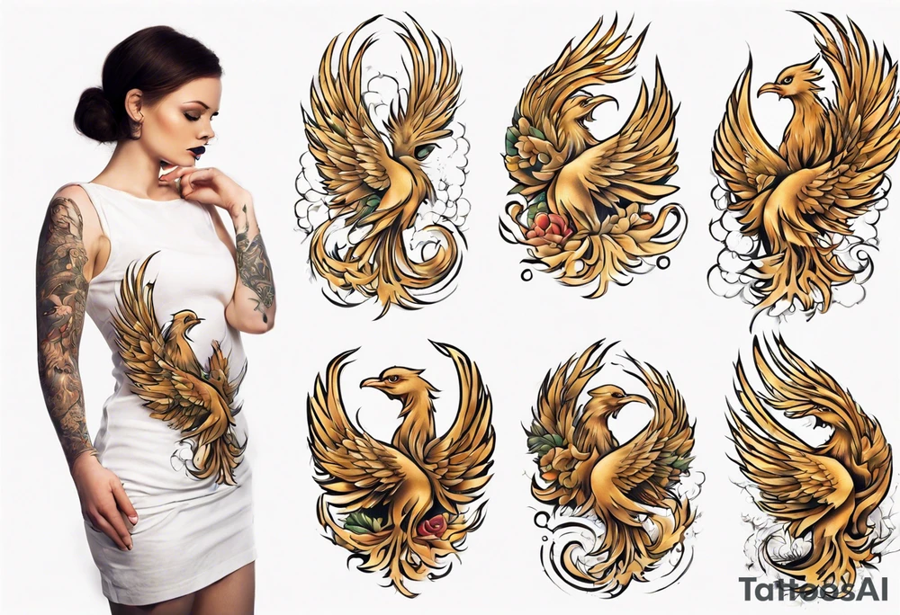 Sleeve tattoo on a woman's arm. Gold Phoenix tattoo idea