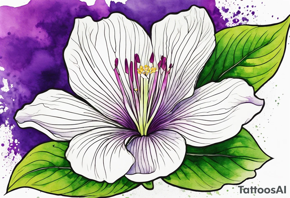 An outline of a rio dipladenia flower with green pedals and a purple watercolor splash in the background tattoo idea