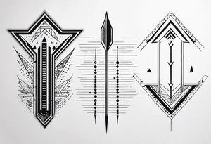 three minimalistic parallel arrows.
The first arrow broken near the flight.
the second middle arrow in tact. the third arrow broken near the head. morse code for JAK in the design. tattoo idea